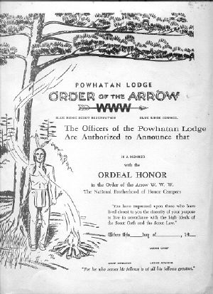 Certificate given to new Ordeal members